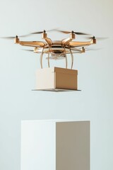 Obraz premium Drone delivering package to white platform.
