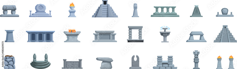 Wall mural stone altar icons set. discover a captivating collection of ancient mayan and aztec inspired archite