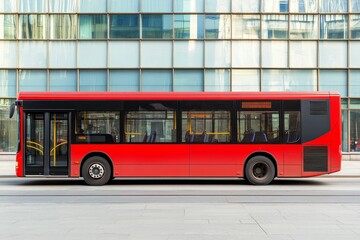 Red bus parked in front of glass building.