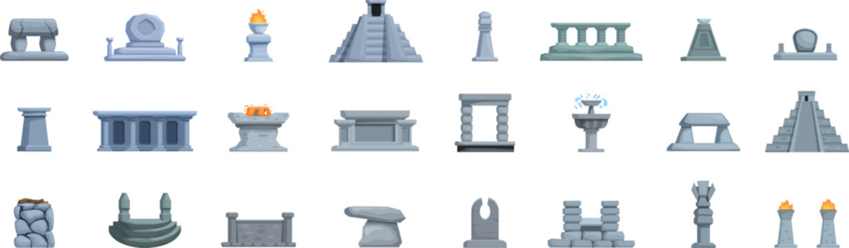 Stone altar icons set. Discover a captivating collection of ancient mayan and aztec inspired architectural elements, including pyramids, temples, altars, and columns