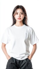 Fototapeta premium Stylish Woman in White T-Shirt and Casual Outfit