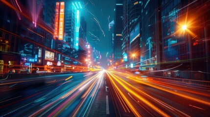 Obraz premium Night city highway, vibrant light trails.