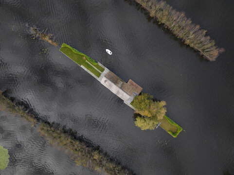 An Aerial photos of Scheendijk, Loosdrechtse Plassen, recreational water, lake area in Utrecht The Netherlands.