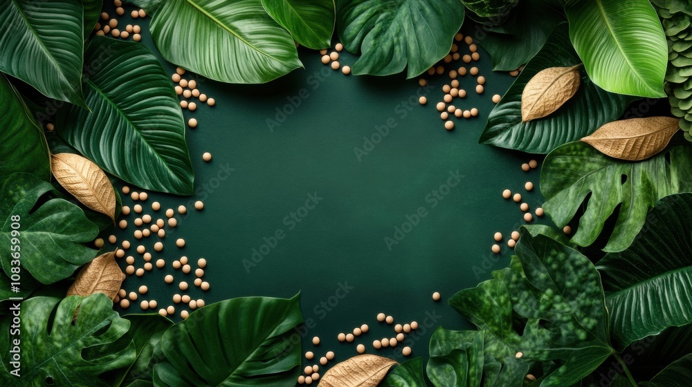 Poster lush tropical leaves surround a lush green surface dotted with scattered soybeans, creating a vibran