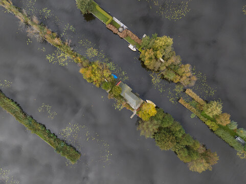 An Aerial photos of Scheendijk, Loosdrechtse Plassen, recreational water, lake area in Utrecht The Netherlands.