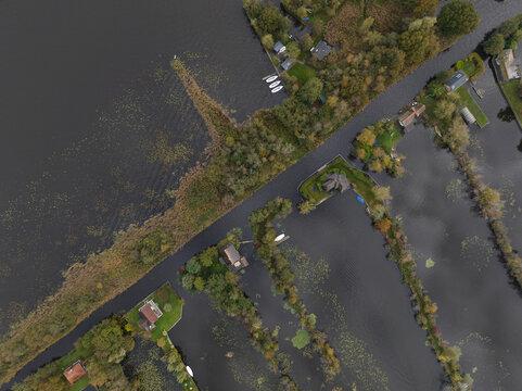 An Aerial photos of Scheendijk, Loosdrechtse Plassen, recreational water, lake area in Utrecht The Netherlands.