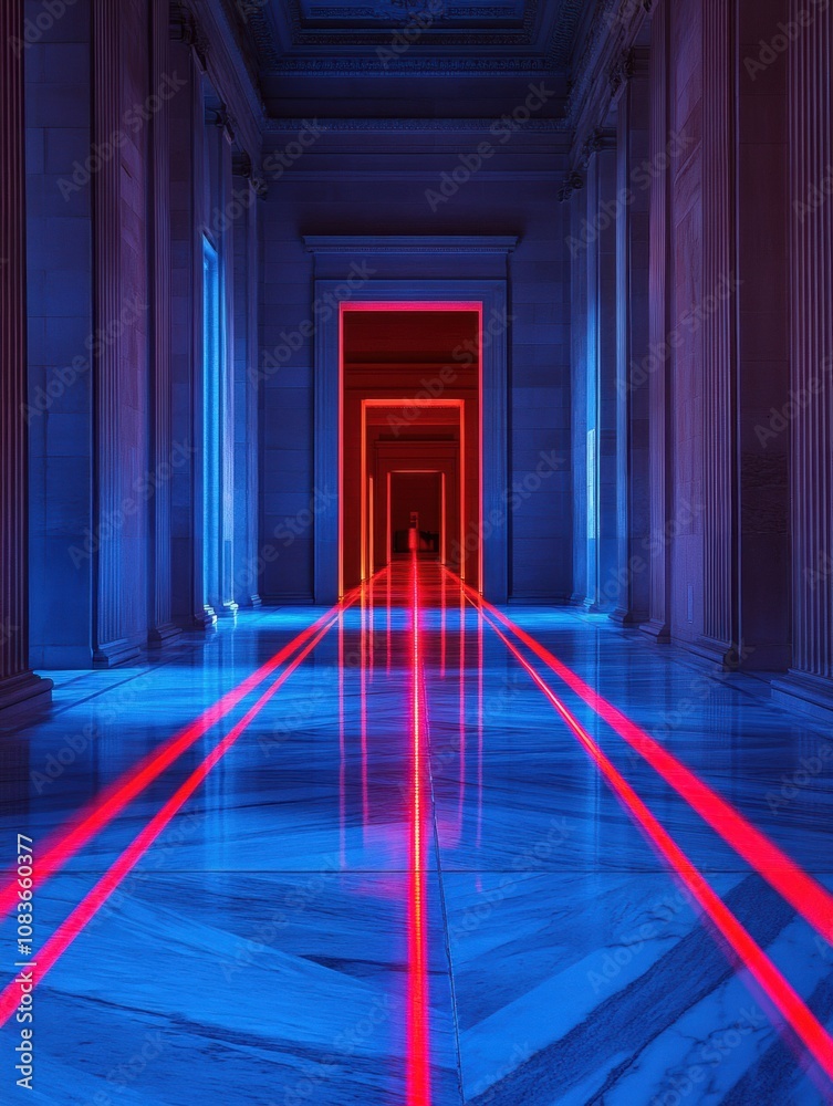 Leinwandbilder Bright red laser security beams create an intriguing pattern in a long and dimly lit corridor, enhancing the mysterious atmosphere. Generative AI
