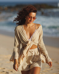 A stylish woman in a light boho-inspired outfit, featuring a tied top and lace details, walks along...