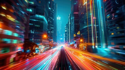 Obraz premium Vibrant city street at night with light trails.