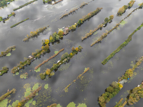 An Aerial photos of Scheendijk, Loosdrechtse Plassen, recreational water, lake area in Utrecht The Netherlands.