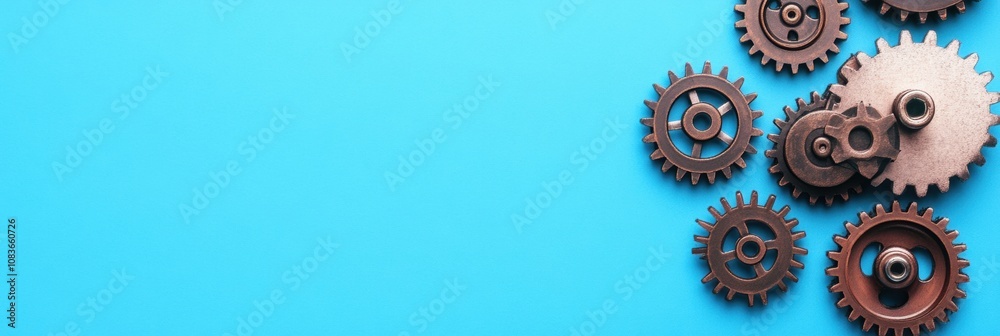 Aufkleber Gears and a microprocessor are arranged on a vibrant blue surface, illustrating a blend of mechanical engineering and technology. Generative AI