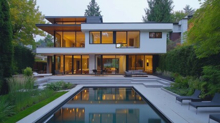 Fototapeta premium Modern House with Swimming Pool and Lush Greenery