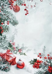 Christmas Decoration with Gift, Berries, and Snow