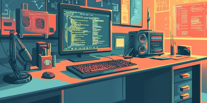 Creating software or games involves writing code. This illustration shows the process with symbols and coding windows, representing the world of computer science and technology.