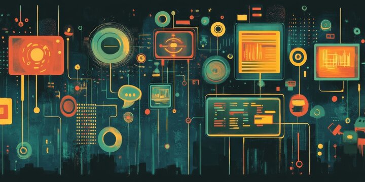Creating software or games involves writing code. This illustration shows the process with symbols and coding windows, representing the world of computer science and technology.