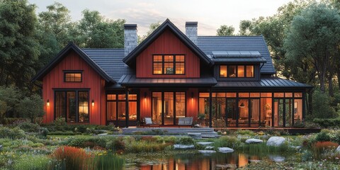 Obraz premium Modern red farmhouse with a pond in the front yard and a patio at the back.