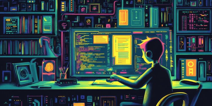 Creating software or games involves writing code. This illustration shows the process with symbols and coding windows, representing the world of computer science and technology.