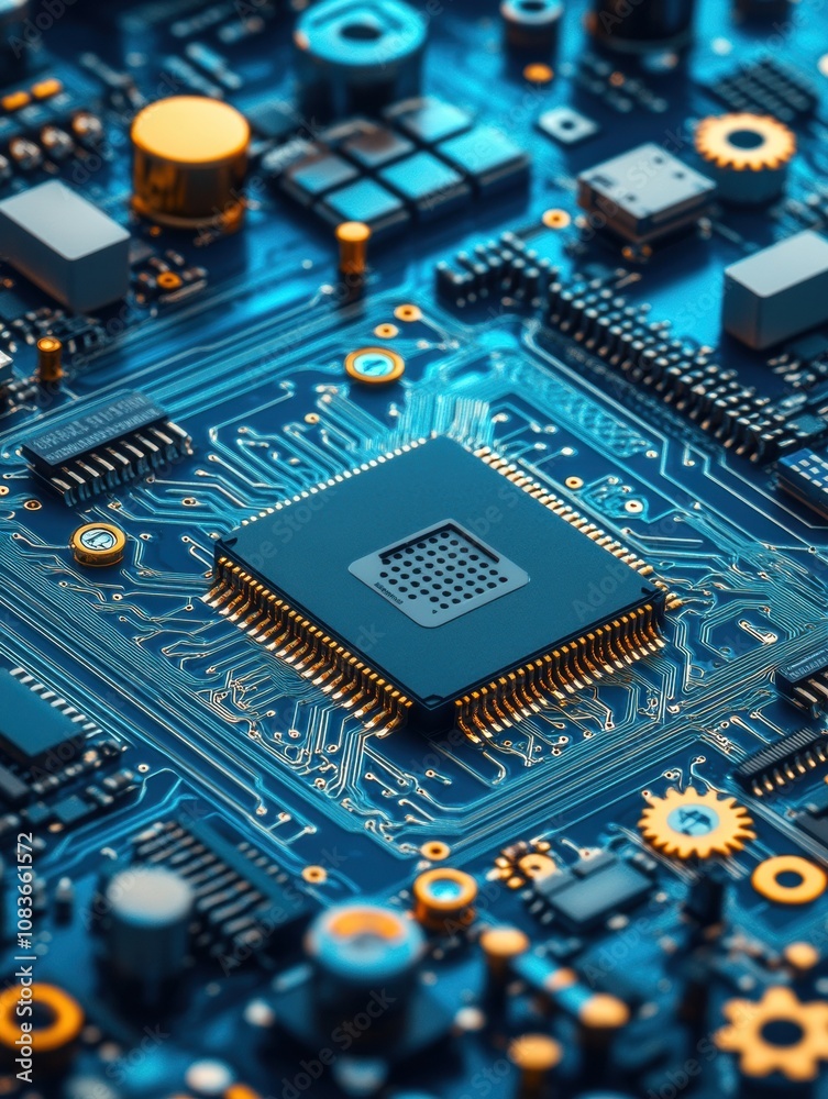 Leinwandbilder A detailed close-up reveals a microprocessor at the center amidst gears and various electronic components, highlighting advanced technology. Generative AI