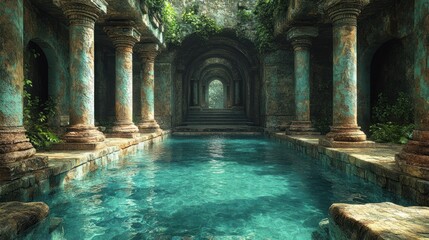 A long, narrow pool of turquoise water runs through an ancient stone corridor with crumbling arches and columns overgrown with lush greenery.