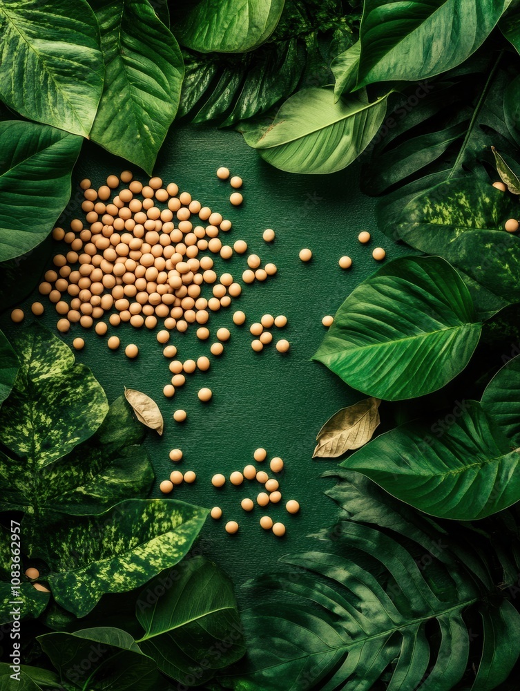 Poster scattered soybeans blend beautifully with lush tropical leaves, creating a serene and natural aesthe