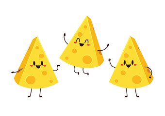 Cute happy cheese character. Funny food emoticon in flat style. Dairy emoji vector illustration.