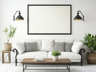 Naklejka premium Modern living room with a white sofa and wooden coffee table.