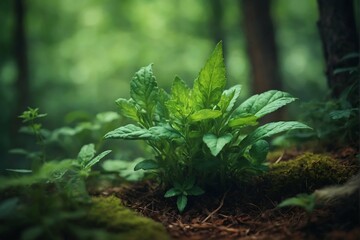 Bush of green grass in the forest. Close-up photo. Magic wallpaper