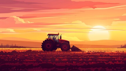 Fototapeta premium A tractor plowing a field at sunset, showcasing agricultural activity and rural beauty.