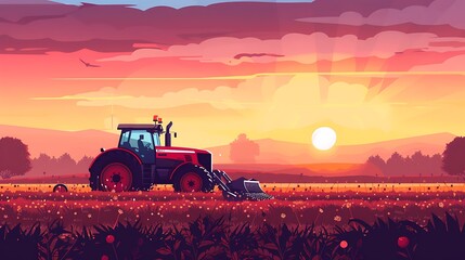 Fototapeta premium A vibrant sunset scene featuring a tractor in a field, symbolizing agriculture and rural life.