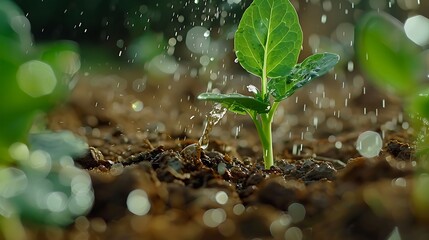 A close-up of a young plant sprouting in moist soil, with water droplets falling around it.