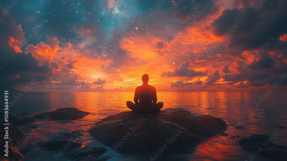 Poster galaxy visuals for mindfulness practice, guiding users into deep relaxation with cosmic imagery