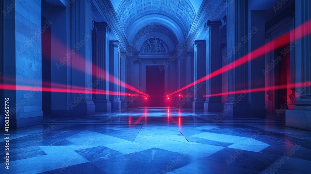 Leinwandbilder red laser beams crisscross a dark corridor, enhancing security while casting dramatic shadows across