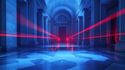 Red laser beams crisscross a dark corridor, enhancing security while casting dramatic shadows across the marble floor and ornate columns. Generative AI