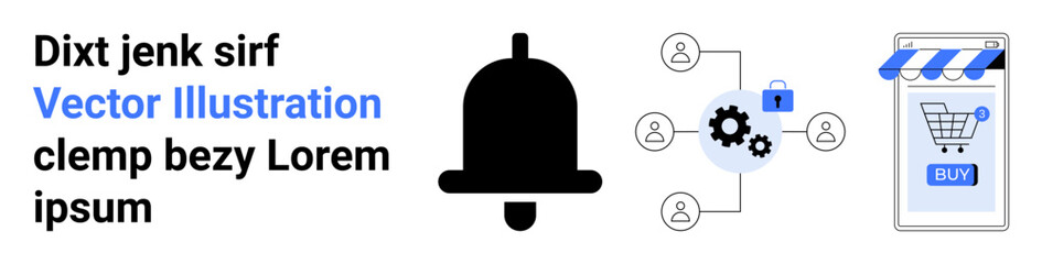 Obraz premium Notification bell, network with gear and padlock, and a mobile shopping cart. Ideal for alerts, security, online shopping, notifications, e-commerce, mobile app designs, and network connectivity