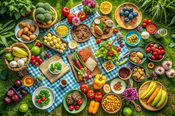 Aerial View of a Vibrant Vegetarian Feast Celebrating World Food Day with Fresh Produce and Colorful Dishes, Emphasizing Sustainability and Healthy Eating Choices