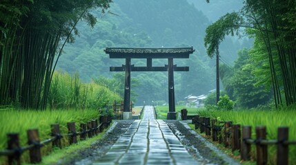 Tranquil path leading to a torii gate in a misty bamboo forest.