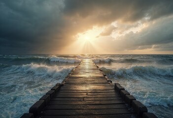 Fototapeta premium A long wooden pier or boardwalk stretching out into the distance, with a cloudy sky and sun peeking through in the background