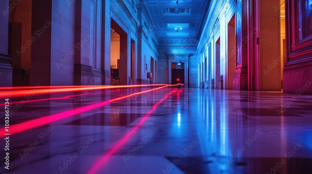 Leinwandbilder Red laser beams create an intricate pattern along the floor of a corridor in a modern building during the night. Generative AI