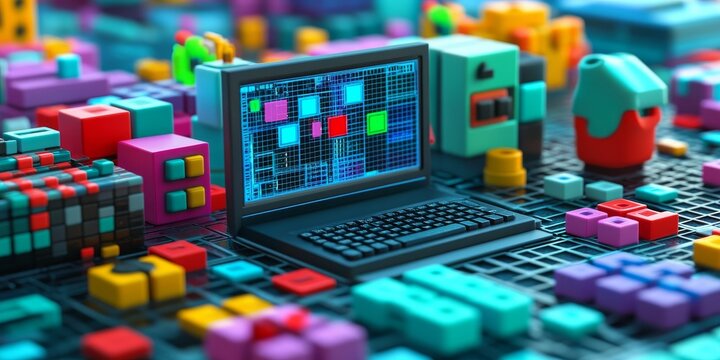 This image shows the idea of creating software or games using computer code. It uses 3D symbols and windows to represent the process of programming. It's about the world of computers and technology.