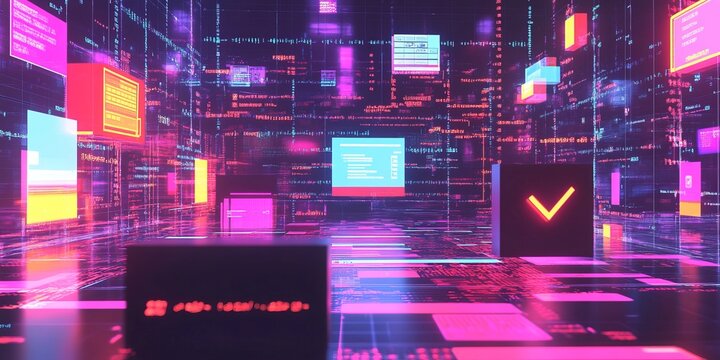 This image shows the idea of creating software or games using computer code. It uses 3D symbols and windows to represent the process of programming. It's about the world of computers and technology.