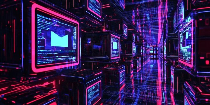 This image shows the idea of creating software or games using computer code. It uses 3D symbols and windows to represent the process of programming. It's about the world of computers and technology.