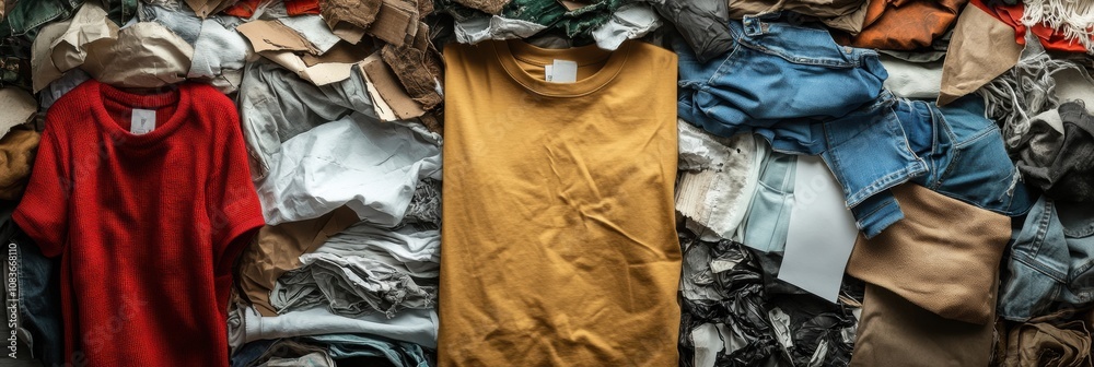 Aufkleber a collection of upcycled clothing is showcased, surrounded by a colorful mix of fabric scraps ready 