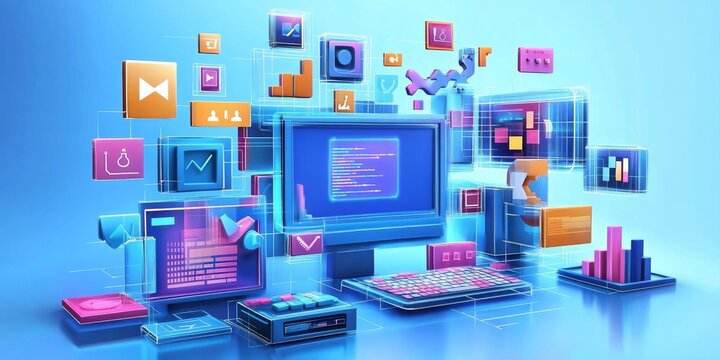 This image shows the idea of creating software or games using computer code. It uses 3D symbols and windows to represent the process of programming. It's about the world of computers and technology.