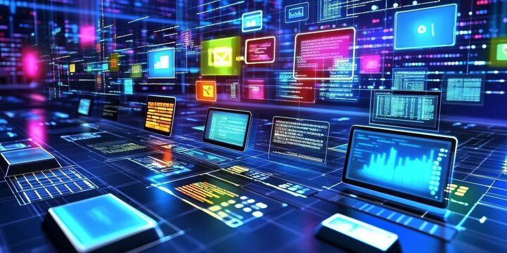This image shows the idea of creating software or games using computer code. It uses 3D symbols and windows to represent the process of programming. It's about the world of computers and technology.