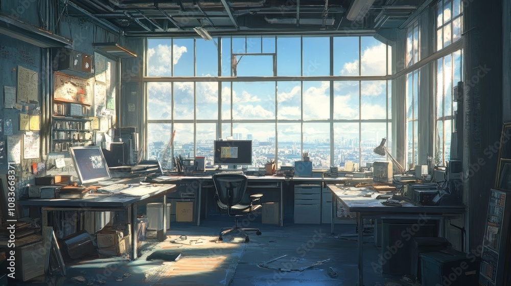 Poster messy artist's studio with panoramic city view from large window