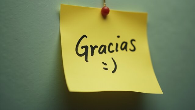 Nota adhesiva con el mensaje 'Gracias =)' escrita a mano, fijada con una chincheta roja en la pared. Un gesto simple pero significativo para expresar gratitud y aprecio en el d&iacute;a a d&iacute;a.
