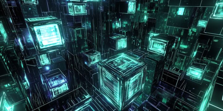 This image shows the idea of creating software or games using computer code. It uses 3D symbols and windows to represent the process of programming. It's about the world of computers and technology.