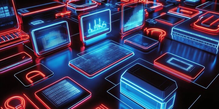 This image shows the idea of creating software or games using computer code. It uses 3D symbols and windows to represent the process of programming. It's about the world of computers and technology.