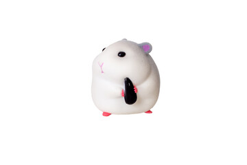 Cute hamster squishy toy with black accessories isolated on white
