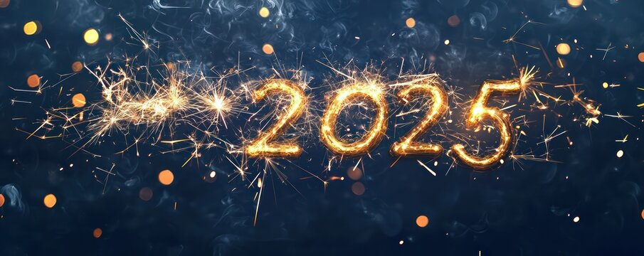 Golden a??2025a?? sparkler text on dark blue background